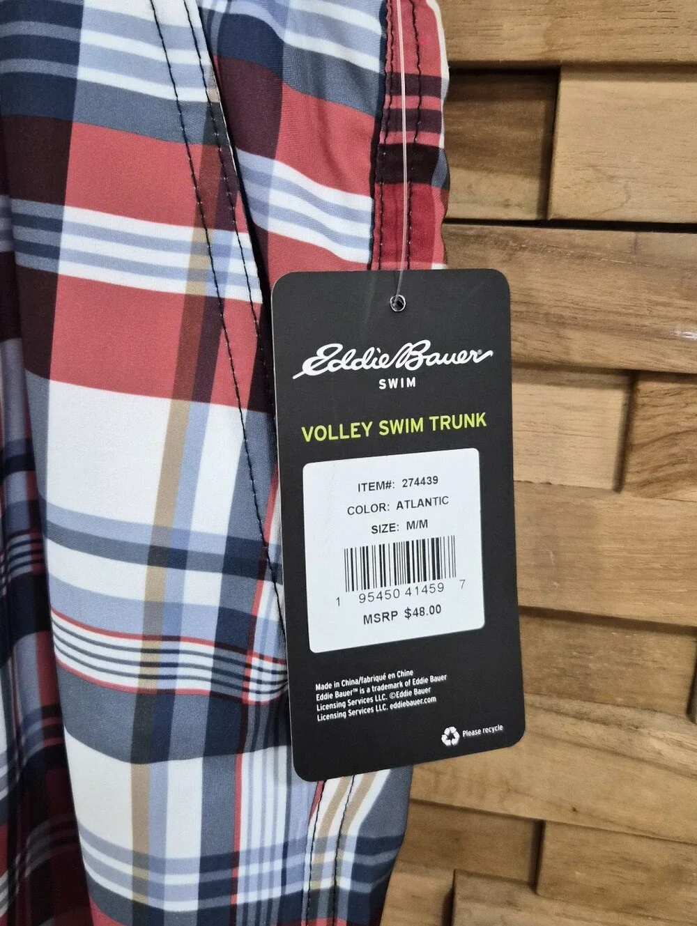 Eddie Bauer Red, Navy & White Plaid Swim Trunks - Size M - New With Tags